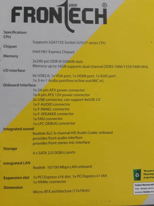 NEW FRONTECH  H61 MOTHERBOARD FT - 0470 - Image 3